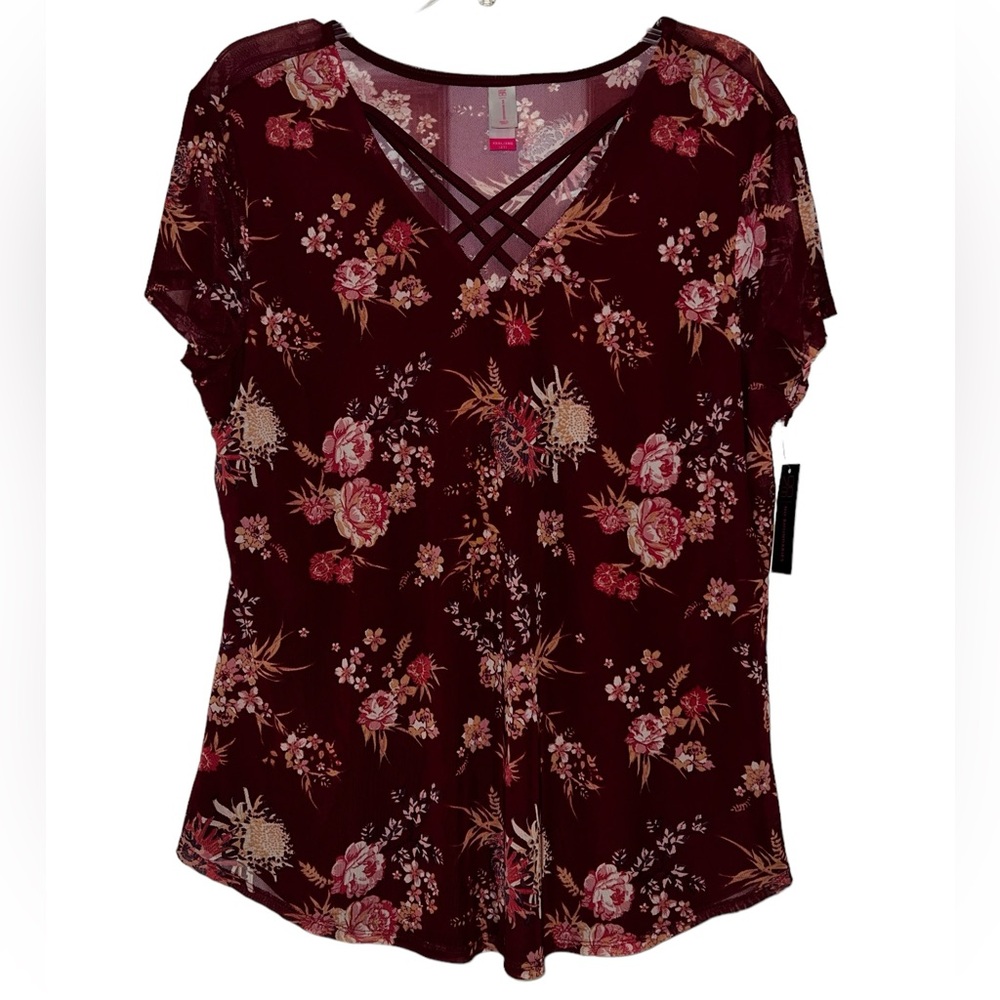 Women's Burgundy‎ Floral Criss Cross  Sleeve Pullover Top Sz. XXXL/3XG ~NWT